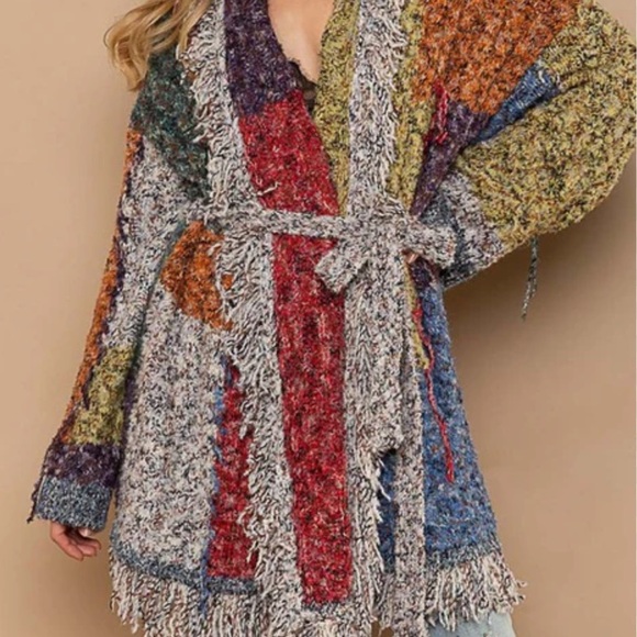 POL Women's Cream Tweed Wrap Cardigan Duster Bohemian Long Sleeve Fringe NWOT - Picture 4 of 9